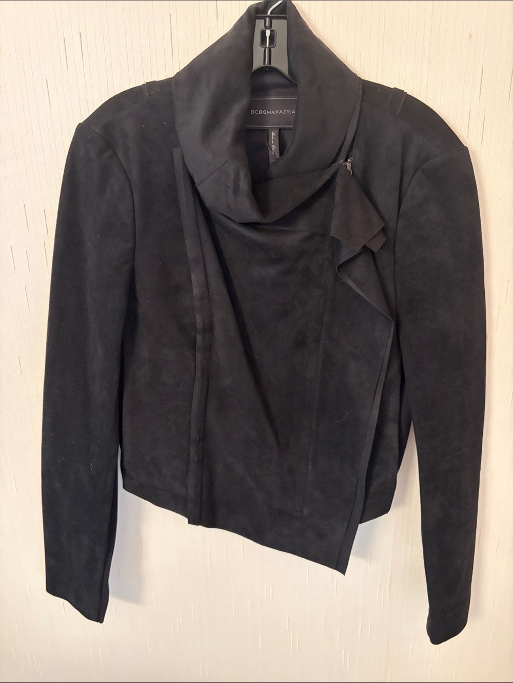 BCBGMaxAzria Black Suede Draped Asymmetrical Jacket
